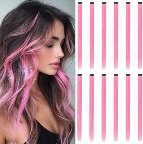 Extensions de Cheveux Colorées à Clip, Rose, 12 Pièces
