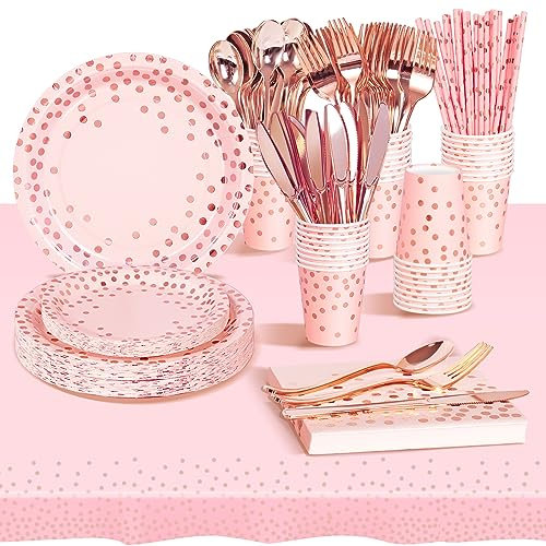 AIPartywar Partygeschirr Kindergeburtstag 226 Stück Rosa-Rose-Gold Pappteller Mädchen Party Geschirr Set Geburtstagdeko mit Pappbecher, Pappteller, Tischdecke, Servietten und mehr 25 Gäste