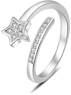 Epoch World 925 Sterling Silber Ring Damen Ringe Sterne Offene Verstellbar Cubic Zirkonia Partnerringe Schmuck Silber Ring Stern für Damen Frauen mit Geschenkbox