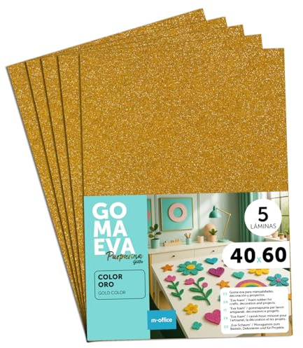 m-office Moosgummi Platten mit Glitzer 40x60cm, Bunte EVA Foam Bastelplatten für Kinder, DIY, Schule, Deko & Kunstprojekte – Ideal als Bastelpapier, Moosgummi mit Glitzer (Gold, 5 uds)