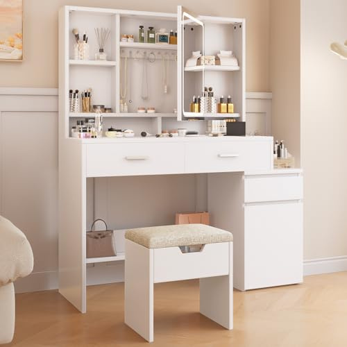 TRIUMPHKEY Schminktisch und Hocker, LED-Beleuchtung Spiegel, Einstellbarer Helligkeit, Frisiertisch mit 3 Schubladen, Kosmetiktisch mit Verstellbare Ablagen, Offenen Fächern, 117x40cm Perlweiß Moderne