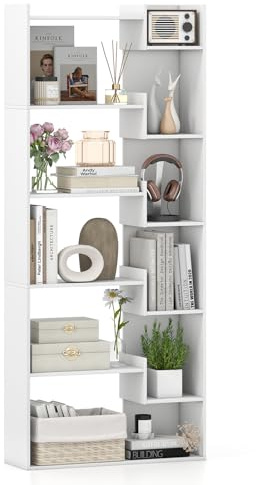 COSTWAY 6-stöckiges Bücherregal, Holzregal mit 2 Kippsicherungen, offenes Ausstellungsregal, Standregal Aufbewahrungsregal für Arbeitszimmer, Wohnzimmer 69 x 22 x 163 cm (weiß)