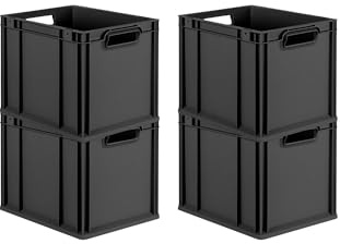 PROREGAL SuperSparSet 4x Eurobox NextGen Grip | HxBxT 32x30x40cm | 30 Liter | Griffe offen | Schwarz | Eurobehälter, Transportbox, Transportbehälter, Stapelbehälter