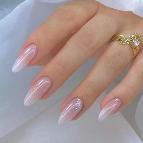 24 Ongles Press On Effet Gel Forme Amande - French Nude Brillant - Faux Ongles Autocollants - Artificiels Réutilisables pour Femme, Vernis à Ongles Semi-Permanent Salon