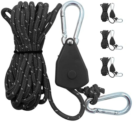 YuYueWeiXiao4 Stück 4 mm Verstellbare Seilklinke, 4 Meter Seilzug mit Seil, Verstellbare Klinkenhalterung, Sonnenschutz Segel Reflektierende Seilzug (Schwarz)