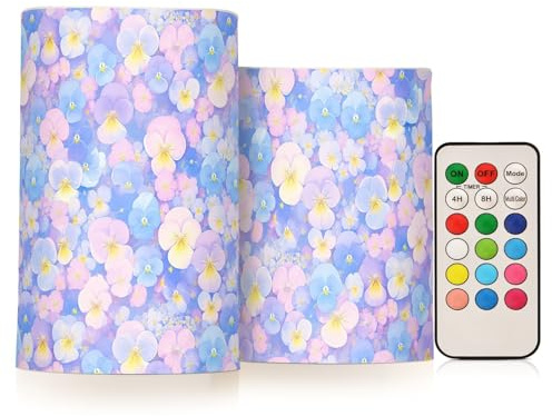 KLL Luces electrónicas decorativas sin llama de Pascua con diseño de flores de pensamientos azul claro y rosa, sin llama, con control remoto, para cena al aire libre, baterías para