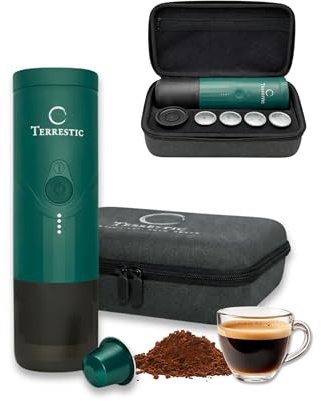 Cafetera expreso eléctrica portátil Terrestic Dose + estuche rígido de viaje - Para café molido y cápsulas Nespresso, funciona con pilas y se carga por USB-C, ideal para coche, camping (Verde azulado)