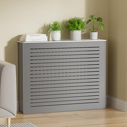 Heizung Verkleidung, Lamellengrill-Heizkörperabdeckung, Holzaufbewahrungsschrank, Wasserdicht, Einfach zu Installieren, Grau(80x80x25 cm)