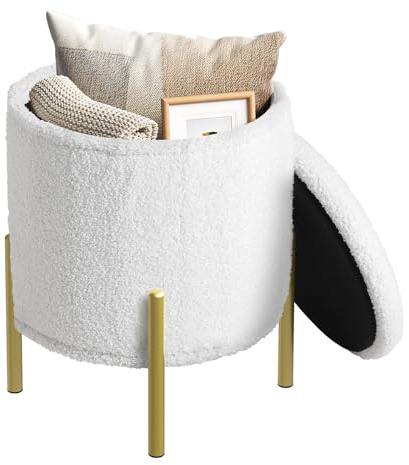 WOLTU Runder Sitzhocker mit Stauraum, für Wohnzimmer Schlafzimmer Flur, mit Metallbeinen und Deckel, klappbare Sitztruhe aus Teddyfleece und MDF, φ35 x H41 cm, Weiß