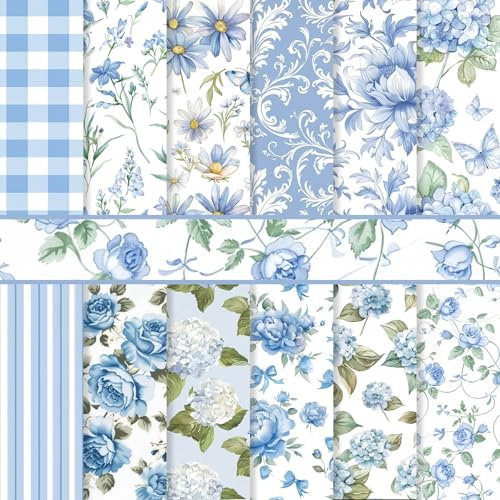 RAORAOYUE 24 Sheets Blue Floral Scrapbook Paper, 11.8×11.8” Sided Decorative Craft Paper, Flower Garden Pattern Papers for DIY Card Making Photo Album Journal Decor