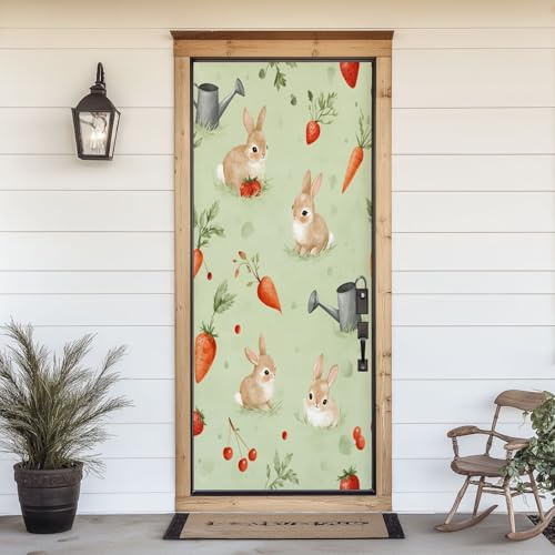 3D Door Sticker Cute Bunny Carrots Strawberries Watering Cans Pastel Green Watercolor Door Decal Peel and Stick Wallpaper Self-Adhesive Removable Mural Vinyl Stickers Poster Easter Decor 30.3x78.7