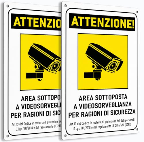 Longivia 2 PEZZI Cartello Area Videosorvegliata in Alluminio 30cm x 20cm | Spessore 1mm con Adesivo e 4 Fori| Per esterno ed interno | Conforme GDPR per Telecamere di Videosorveglianza