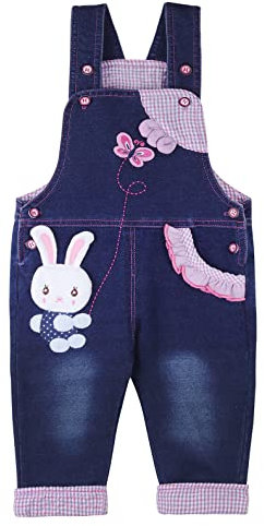 Salopette jeans da bambina, lunghezza regolabile, con animale, coniglio e farfalla, colore: blu Blu