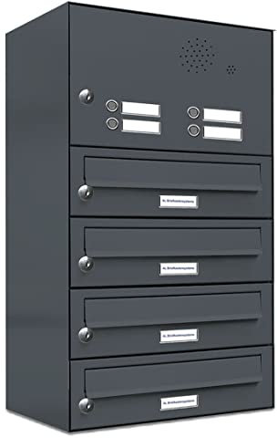 AL Briefkastensysteme 4er Briefkastenanlage mit Klingel Anthrazit Grau RAL 7016, Premium Briefkasten DIN A4, 4 Fach Postkasten modern Aufputz