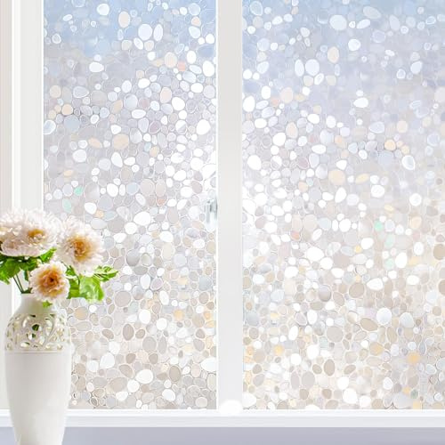 rabbitgoo Window Privacy Film, Decorative Rainbow Window Clings for Glass Covering, Static Cling Non Adhesive Door Stickers UV Blocking, Stained Glass Vinyl Decal, 3D Pebble, 17.5 x 78.7 inches