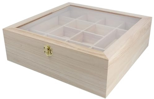 Caja de madera con vitrina de 32 x 32 x 10 cm. y separadores de doble altura. Madera natural