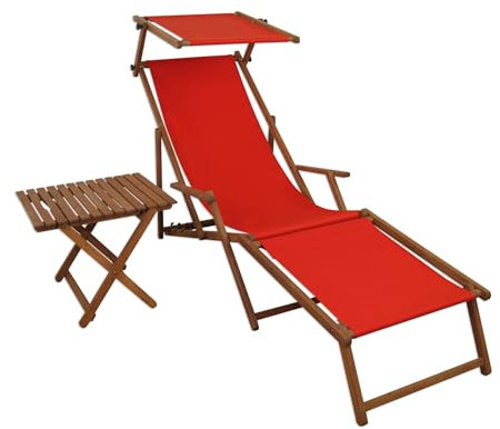 Extra Lungo Sdraio Rosso in Faggio con braccioli poggiapiedi Parasole tavolino 10-308FST
