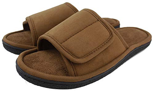 Magtoe Men's Summer Slippers - Open Toe, Adjustable Hook Loop Closure, Indoor/Outdoor Slides, Memory Foam, Hot Micro Suede, Brown, Medium(9-10)