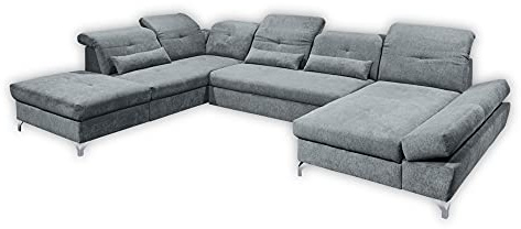 Stella Trading MELFI Wohnlandschaft in U-Form, Stoffbezug Anthrazit - Ausziehbares Sofa mit Schlaffunktion & Bettkasten - 350 x 73 (96) x 245 cm (B/H/T)