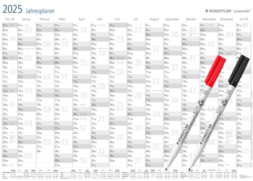 STAEDTLER Jahresplaner Lumocolor Set 2025, Wandkalender trocken abwischbar, Größe DIN A1, incl. Stifte und Stift-Klemmen, Sonderedition, 641 JPAMZW