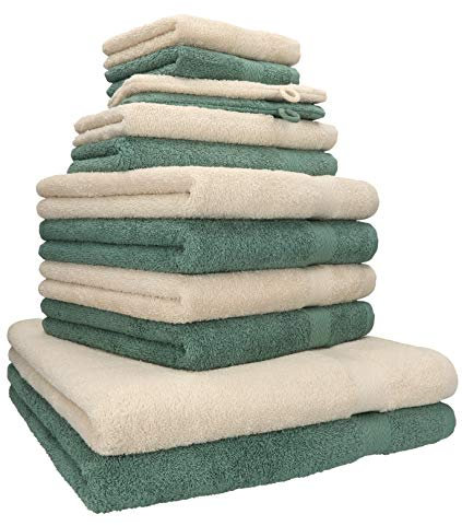 Betz Premium Handtuch-Set 12-teilig – 100% Baumwolle – Oeko-TEX® Zertifiziert – hohe Grammatur – Duschtücher, Handtücher, Gästetücher & Waschhandschuhe - Farbe Sand/tannengrün
