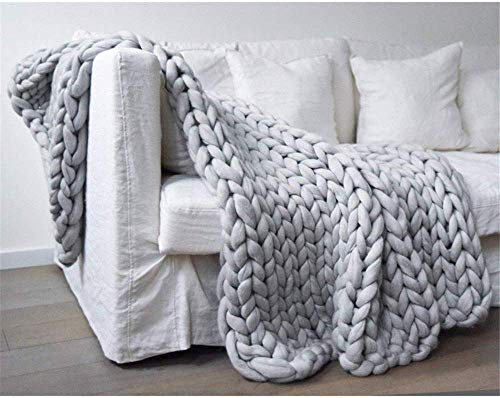 EXQUILEG Gestrickte Decke Grobe Handgefertigt Strickdecke Wolle Arm Garn Haustier Bett Stuhl Sofa Super Stricken Sperrig Chunky Wolldecke Zuhause Dekor Geschenk (Hellgrau,100 * 120cm)