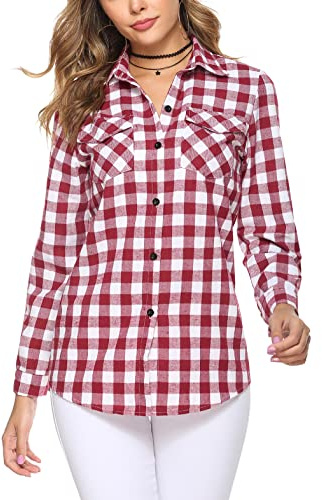 Irevial Camisa a Cuadros Mujer Blusa Franela Manga Larga Casual Camiseta con Botones Camisa Cuadros Leñador Mujer para Primavera Otoño Invierno Rojo Vino, M
