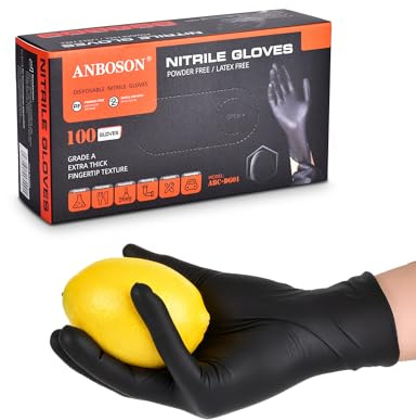 ANBOSON Nitrile Gloves ISO 13485 - Food Gloves - Textured Finger 2X Grip Powder Free and Latex Free 6 Mil Rubber Gloves for Chef, Fisher, Butcher - Kitchen, Hotel and Bakery - Medium, Black of 100 Pcs