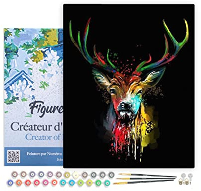 Figured'Art Peinture par Numéro Adulte avec Cadre Cerf en Couleur - Activité Manuelle Kit de Loisir Créatif DIY Numéro d'Art Complet - 40x50cm toile tendue sur châssis