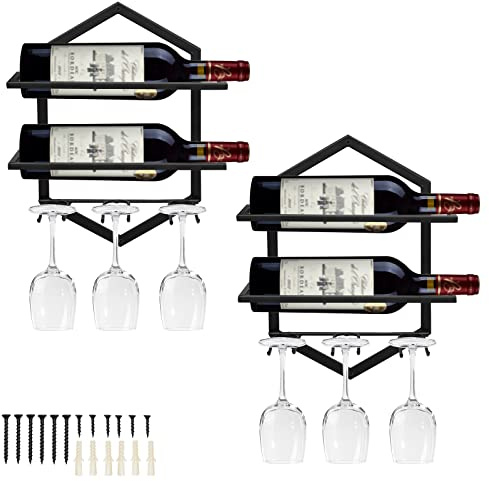 Giyiprpi Metall Wandmontierter Weinhalter Rack, Weinglashalter Hängend Stehen Organizer für 2 Flaschen und 3 Gläser inklusive, Weinregal Rotweinregal für Home Kitchen Bar Displaydekor (Schwarz 2)