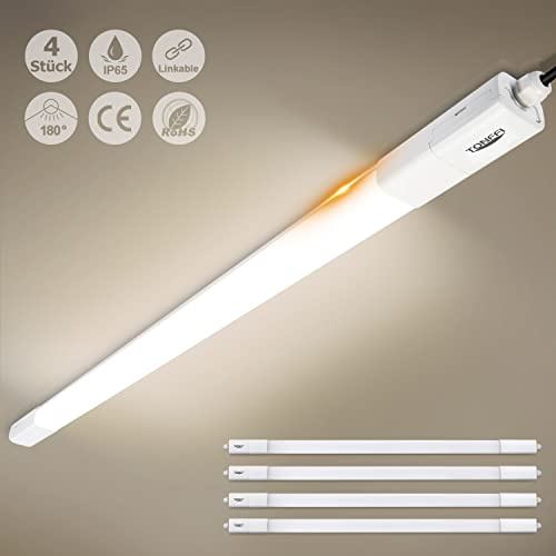 TONFFI 4 Stück LED Feuchtraumleuchte 115CM, 36W 4100LM LED Deckenleuchte Röhre, 4000K Neutralweiß Verknüpfbar Wannenleuchte Feuchtraumlampe IP65 Wasserfest für Garage Keller Werkstatt Bad Büro