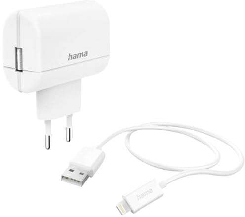 Hama - Cargador rápido con cable USB - Lightning (cargador de corriente Lightning, cable de 1 m, 12 W, 5 V/ 2,4 A, certificado MFI, alimentación eléctrica para dispositivos Apple iPhone ipod, cargador