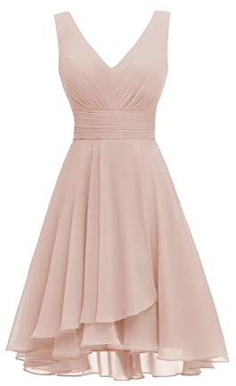 Robe de demoiselle d'honneur courte en mousseline de soie avec col en V et taille froncée pour femme, rose poudré, 36