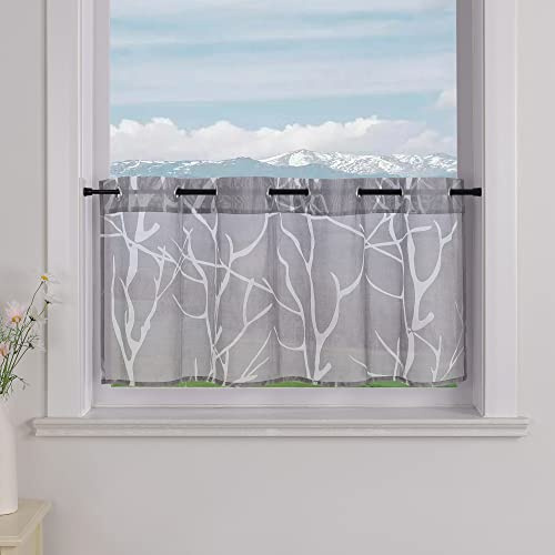 Delien Voile Scheibengardinen Küche mit Zweig-Muster B120 x H45 cm, Grau | 1 Stück,Mit Ösen,Transparente Bistrogardine,Landhaus Kurzstores,Modern küchengardine,Kurz Vorhang für Klein Fenster