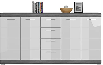 xonox.home - Kommode Scout 165x85x37 cm in Rauchsilber und weiß Hochglanz - Beischrank Sideboard Anrichte Schrank Highboard