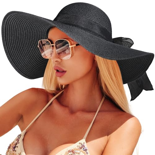 Beach Sun Hats for Women,Wide Brim Straw Hat Floppy Packable UPF 50+ UV Protection with for Summer Black