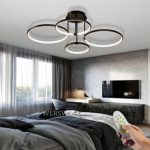 WERSVG Modern LED Deckenleuchte Wohnzimmerlampe Deckenlampe Schwarz 4-Ring Deckenleuchte 85W 6800LM Dimmbar 3500K-6500K Mit Fernbedienung flurlampe decke, für Schlafzimmer Wohnzimmer Küche Esszimmer