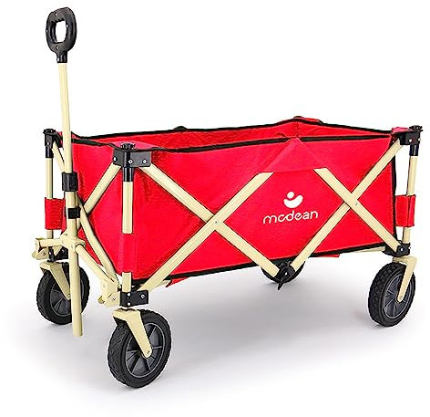 Chariot de Plage Pliable Grosses Roues, Chariot Transport Pliable Robuste, Chariot Pliable Enfant Portable, Chariot Pliant de Peche avec Poignée Réglable pour Jardin Camping Shopping,Rouge