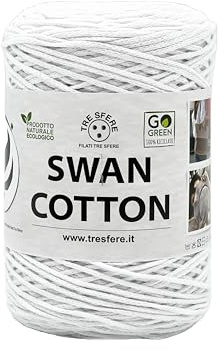 Cordino SWAN COTTON (2502 - Bianco), filato per borse, cappelli, cestini, sottopiatti, pochette composizione 70% cotone riciclato 30% poliestere, Bobina 250 Grammi 250 metri
