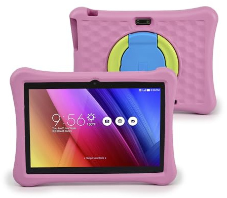 DAM Tablette Enfant Wi-FI Android 12 avec IWAWA. Écran 10 1280 x 800 px. Allwinner A133, Arm Cortex™-A53 Quad-Core,1,7 GHz 4 Go RAM + 64 Go. Double caméra, Coque en Silicone. Couleur : Rose