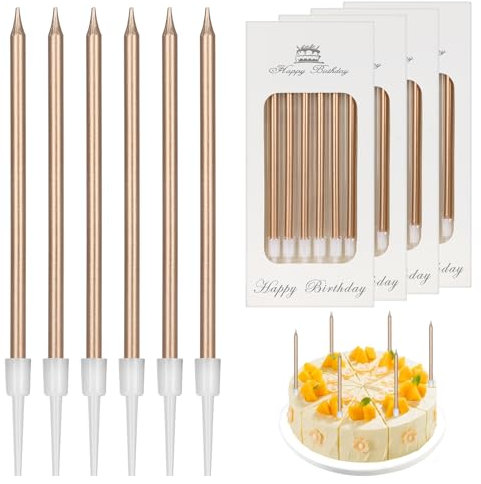 LFBEST 24 Stück Geburtstagskerzen Lange Dünne Cupcake-Kerzen für Dekorative Geburtstagshochzeitsparty, Goldene Kerzen, Geburtstagskerzen für Torte