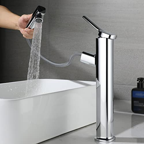 Rubinetto Bagno Miscelatore Lavabo Alto Con Doccetta Estraibile, 3 Modalità, Paraspruzzi Cromati
