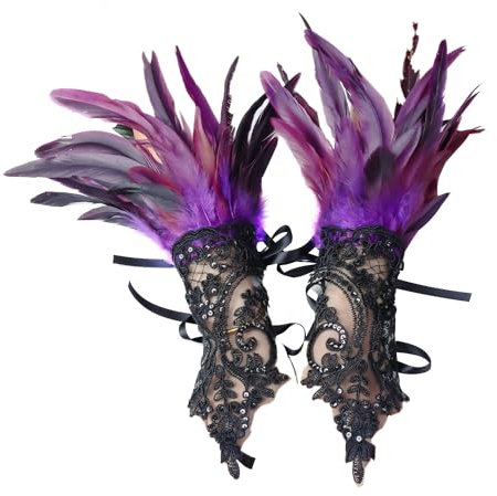 Whakano Damen Handschuhe mit Feder Spitze,Lange Gothic Netzhandschuhe Vintage Spitzenhandschuhe mit Feder,Fingerlose Federschmuck für Hochzeit Party Halloween Kostüm,Lila Schwarz