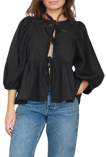 amropi Donna Camicetta con Cravatta Frontale Lacci Peplo Camicia 3/4 Corto Manica a Sbuffo Estate Volant Top Nero, M