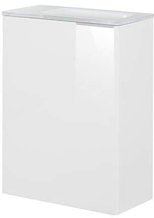FACKELMANN Kara Gäste-WC Set 3 Teile – Waschtischunterschrank mit Glasfront in Weiß mit Waschbecken aus Glas in Weiß – SBC Waschbecken beleuchtet – Türanschlag Links – 45 cm breit