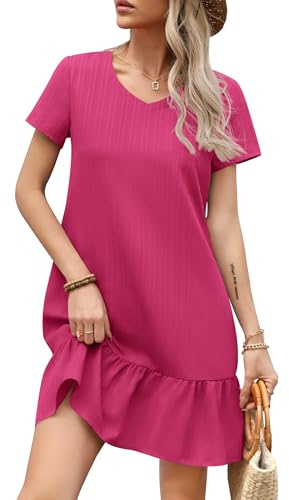 Missufe Damen Sommerkleid V Ausschnitt Kurzarm Rüschen Freizeit Lose Tunika T-Shirt Kurzes Kleid (Rosenrot, X-Groß)