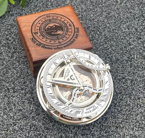 WOANIN Compass, Personalized Engraved Sundial Compass, Antique Brass & Copper Compass, Sundial Clock in Box Gift Sun Clock Vintage Gift (Full Silver)