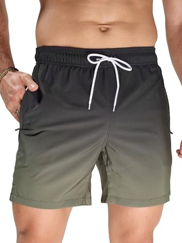 Arcweg Shorts de Baño para Hombre con Forro de Malla - Secado Rápido, Bolsillos con Cremallera, Ideales para Surf, Natación y Playa Verde Militar/Negro Degradado L(EU)