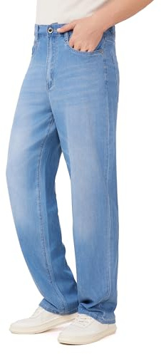 Lyocell sommarjeans män lös passform jeansbyxor tunna lätta affärsliv ledig säckig med stretch, Ljusblå, 33W / 32L
