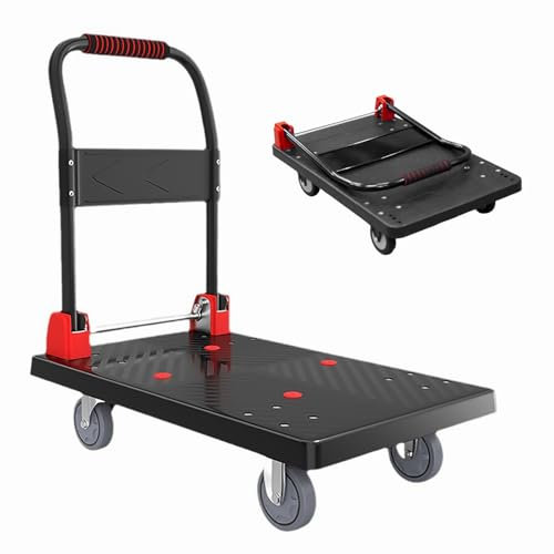 400kg Capacity Folding Platform Trolley, Heavy Duty Hand Sack Truck with 2 bungee cords with hooks, Rolling Flatbed Cart Dolly, Platform Hand Push Truck for Garage Warehouse Moving(92x60x87cm)